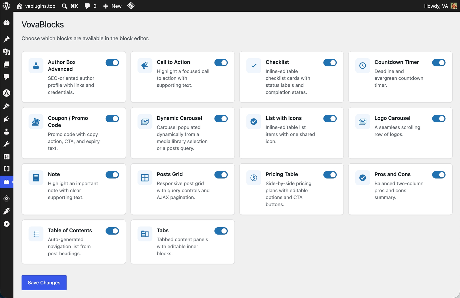 VovaBlocks settings screen with an individual on-off switch for every block