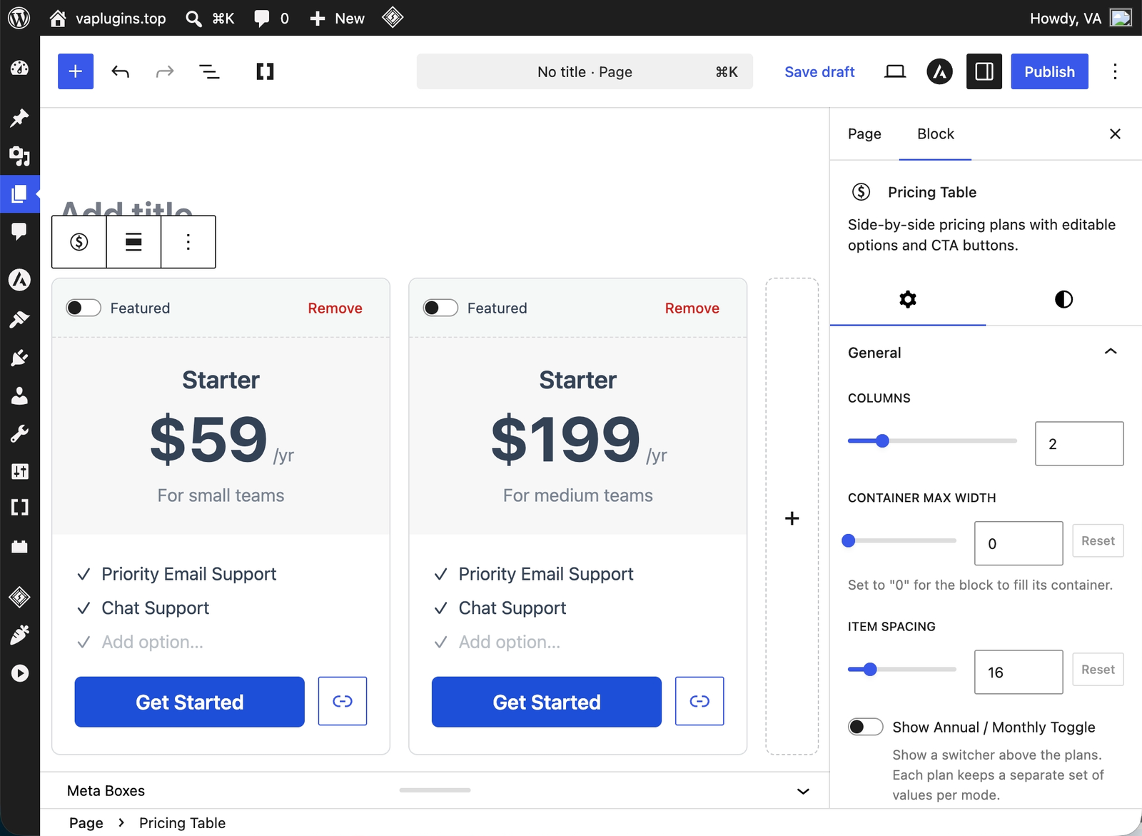 VovaBlocks Pricing Table displayed directly in the WordPress block editor